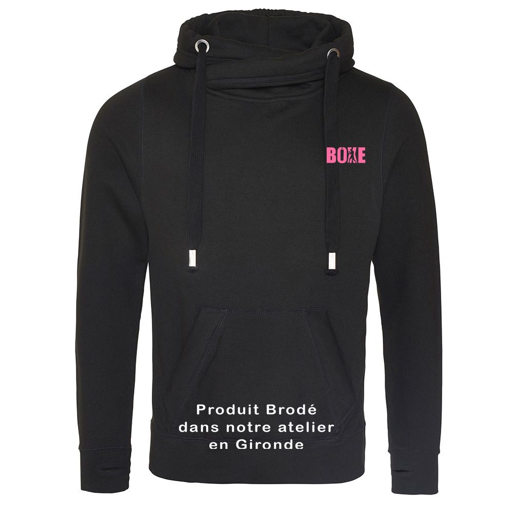 Sweat Capuche Brodé Noir Boxe Cœur Rose