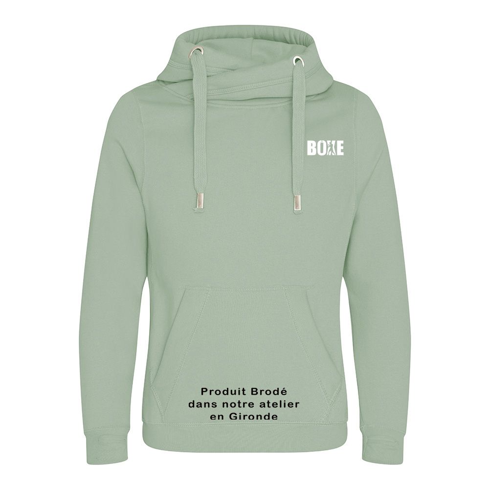 Sweat Capuche Brodé Vert poussière  Boxe Cœur Blanc